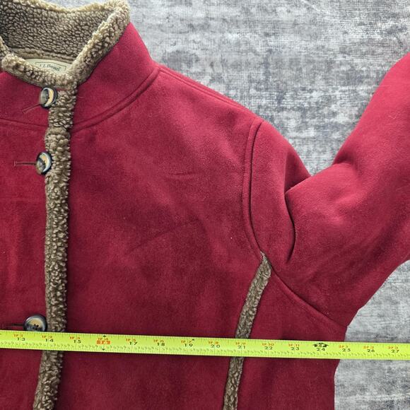 LL Bean Coat Womens XL Red Tan Faux Suede Sherpa Lined Button Long Bohemian Boho - Picture 5 of 11